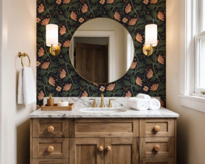 Bohemian dark wallpaper in modern farmhouse bathroom. Trailing botanical florals with warm woods and natural textures.