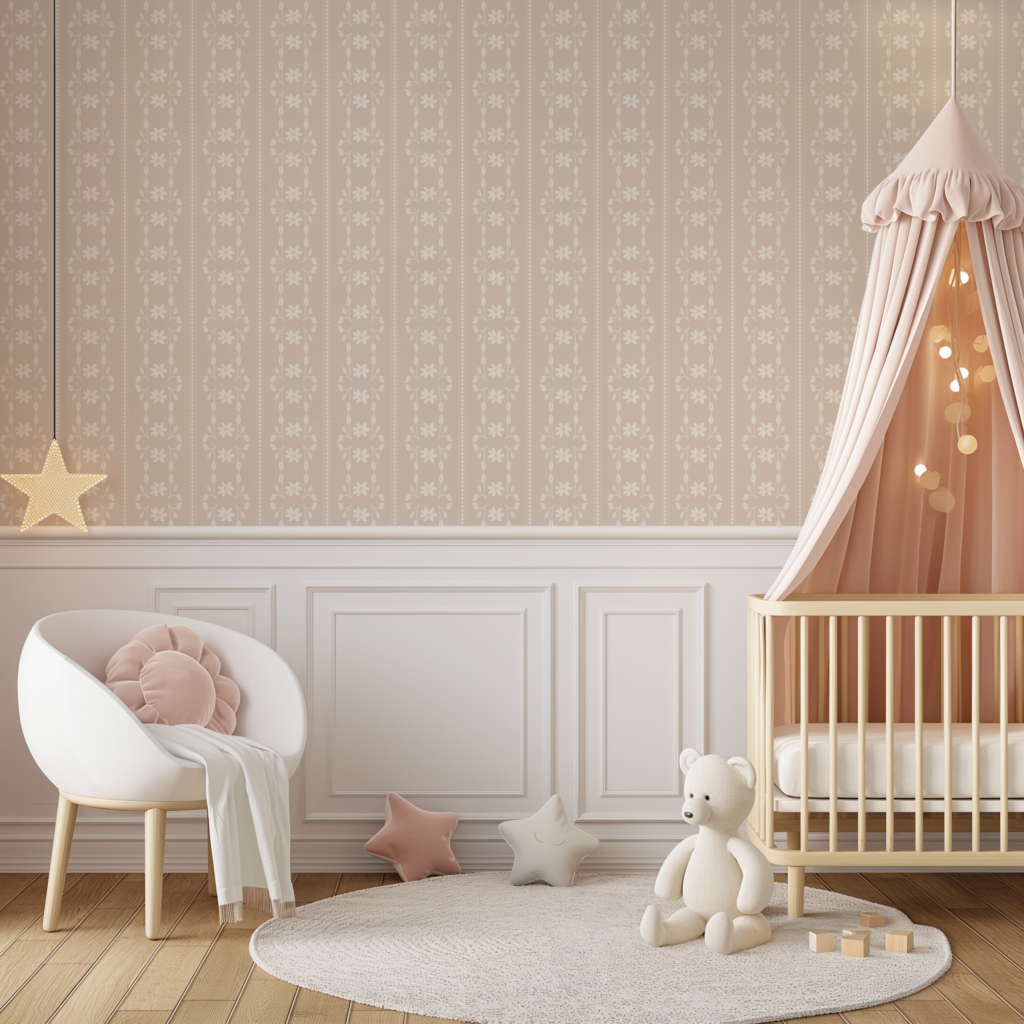 Chic baby girl's nursery room with subtle floral lace wallpaper.