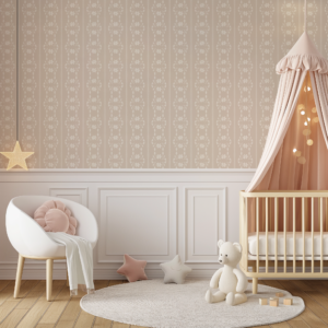 Chic baby girl's nursery room with subtle floral lace wallpaper.